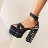 Elizabeth Platform Chunky Heel Studded Plaid Sandals